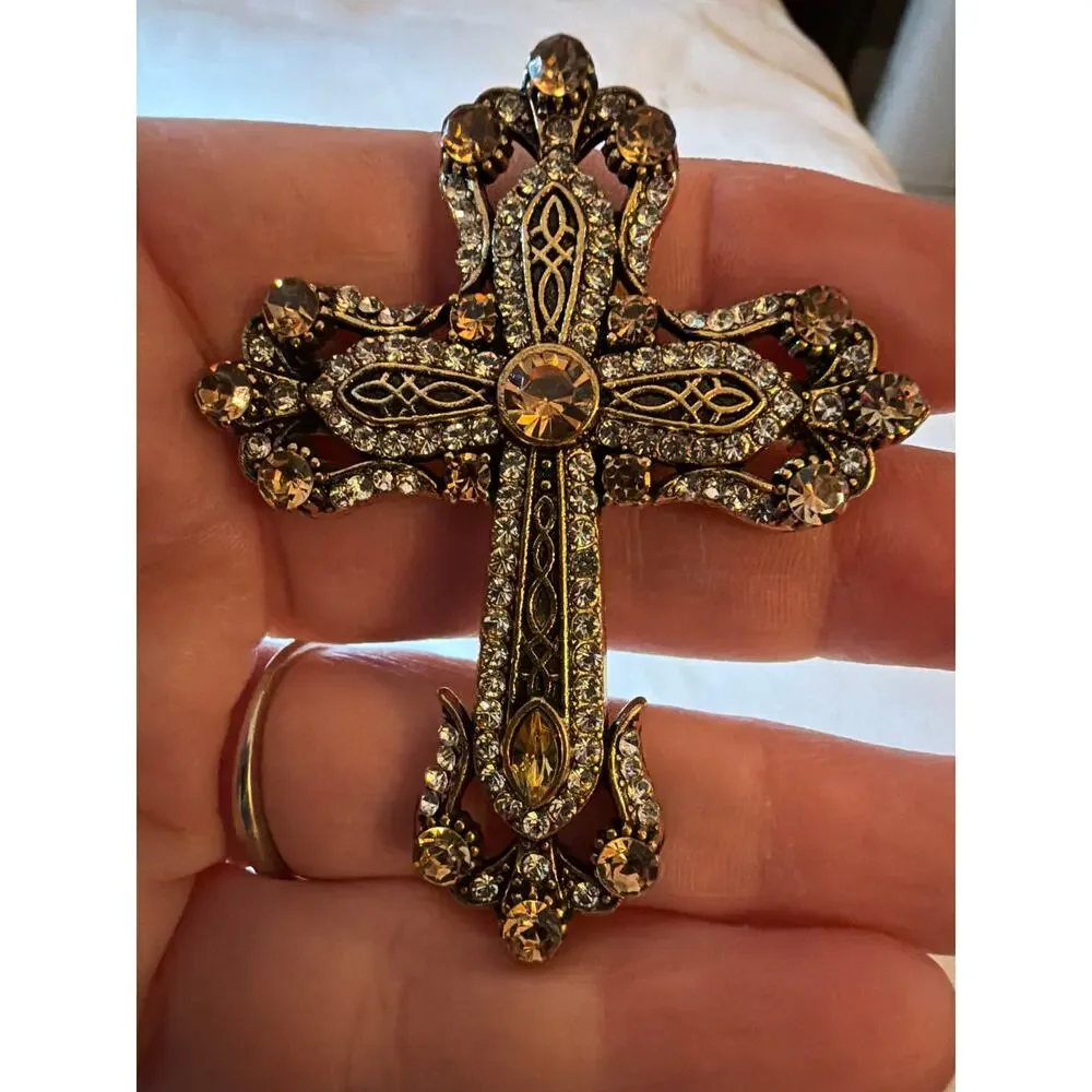 Vintage Gold Tone Cross Brooch Amber Clear Rhinestone Filigree Religious Pin